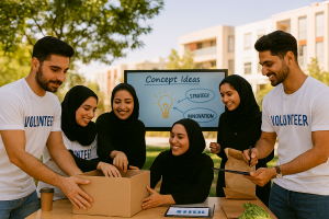 در یک فضای باز شهری یا آموزشی، گروهی از جوانان ایرانی در حال اجرای یک پروژه اجتماعی هستند. آن‌ها دور میز تاشویی با جعبه‌های کمک‌رسانی ایستاده‌اند، در حال بسته‌بندی اقلام غذایی و تعامل صمیمی با یکدیگر.