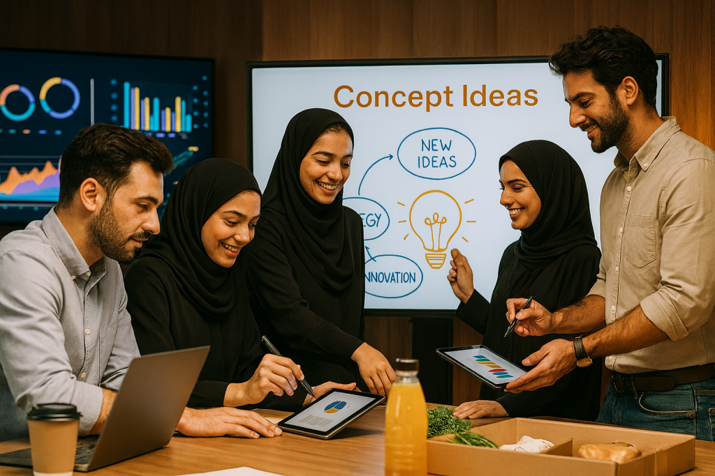 در یک فضای کاری مدرن با طراحی دیجیتال، گروهی از کارآفرینان ایرانی در حال یادداشت‌برداری و ایده‌پردازی هستند. برخی با تبلت و لپ‌تاپ مشغول کارند، برخی روی تخته دیجیتال با عنوان "Concept Ideas" در حال ترسیم نمودار و نماد لامپ هستند. 