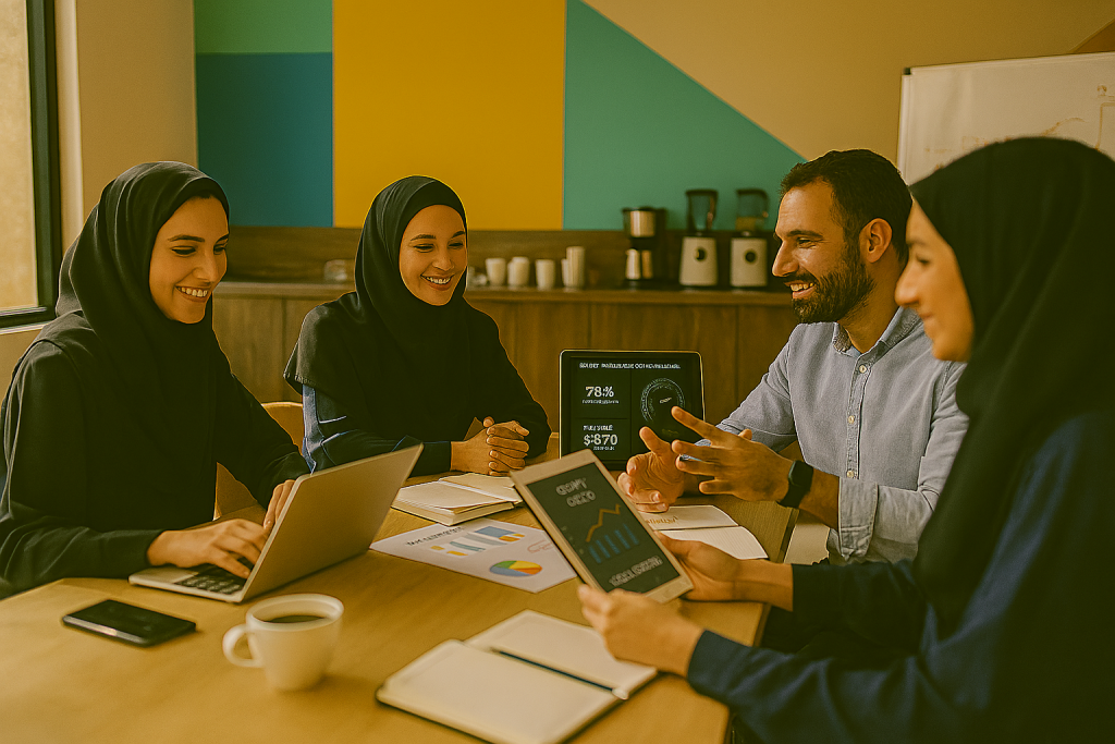 دفتر کار مدرن با تیمی جوان، در حال جلسه و تبادل ایده.میزها با ابزارهای دیجیتال و دیوارهایی با رنگ‌های شاد، فضایی پویا و خلاقانه را نشان می‌دهد.
