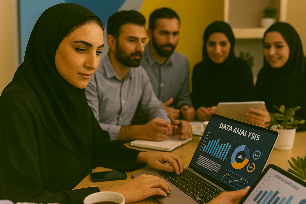 میز کاری در دفتر مدرن استارتاپی با لپ‌تاپ و نمودارهای دیجیتال. تیم ایرانی با نگاه متمرکز و حرفه‌ای. 