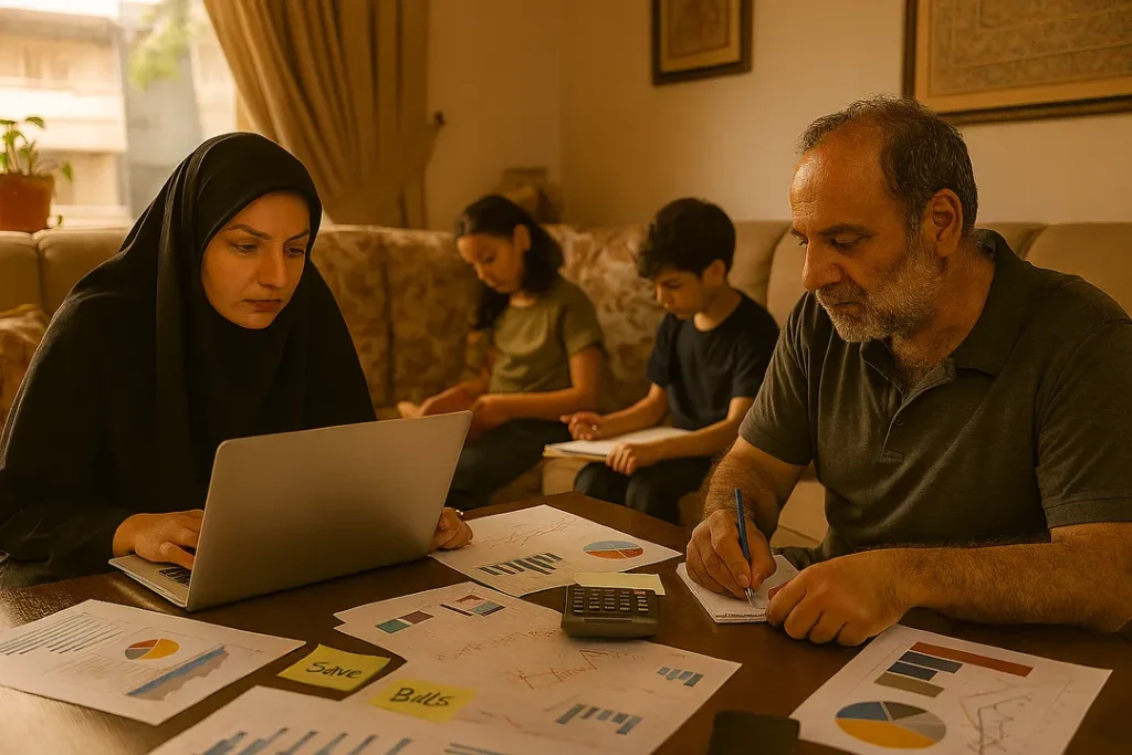 خانوادهای ایرانی در اتاق نشیمن با نور طبیعی صبحگاهی، در حال مشورت مالی. مادر مشغول کار با لپتاپ، پدر در حال نوشتن یادداشت، کودکان در پسزمینه سرگرم فعالیتهای آموزشی. میز پر از اسناد مالی، نمودارها و یادآورها، با ترکیب رنگی گرم و دلنشین.