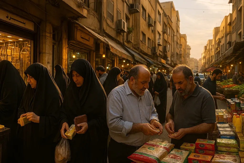 بازار شهری شلوغ در عصر، با نور طبیعی گرم. زنان و مردان مشغول خرید طلا، سکه و کالاهای اقتصادی هستند. تعامل مردم و فضای محلی، حس زندگی روزمره و مدیریت مالی را منتقل میکند.