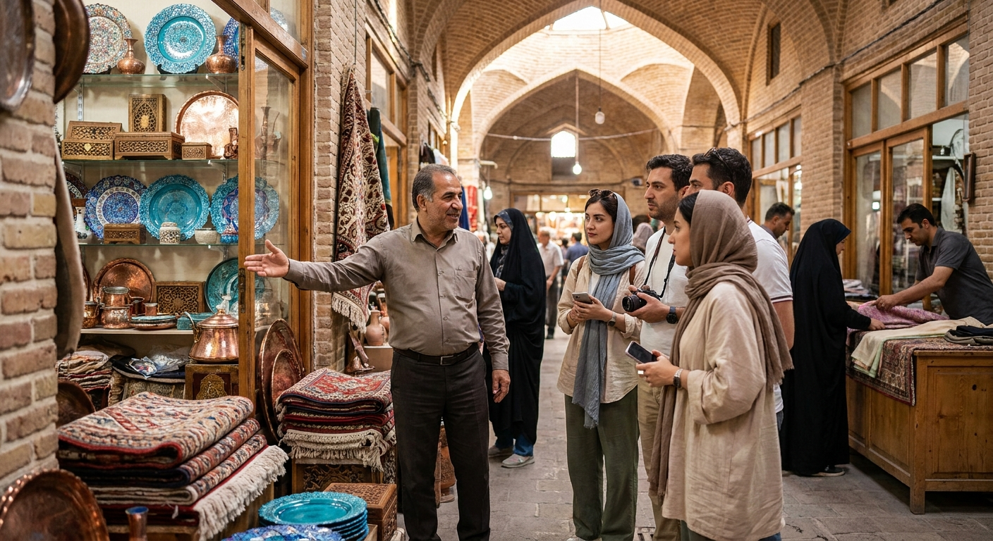 تورلیدری درحال نشان دادن صنایع دستی ایرانی