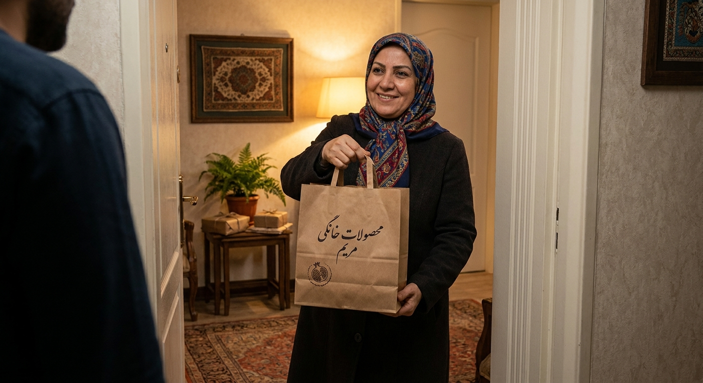 خانمی درحال تحویل بسته های تولیدی غذای نیمه آماده برند خود