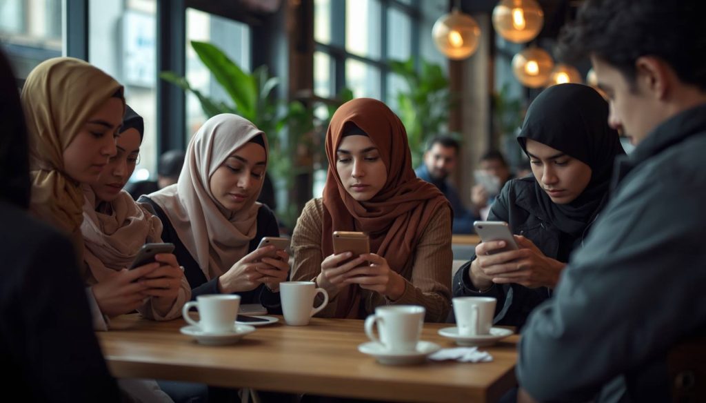 نسل زد در حال تعامل با گوشی خود در یک محیط اجتماعی