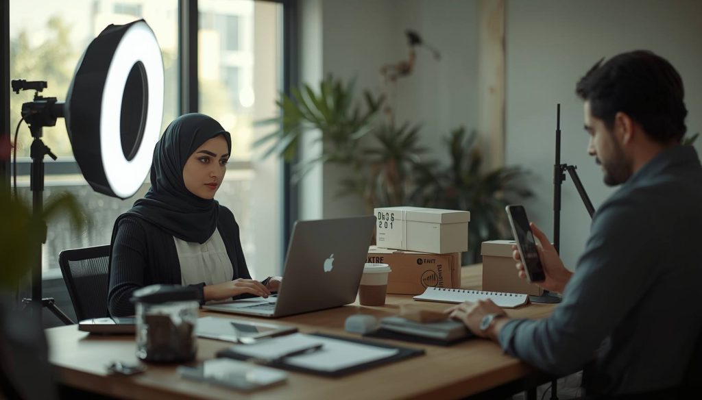 دو شخص در حال تولید محتوا برای محصول خود