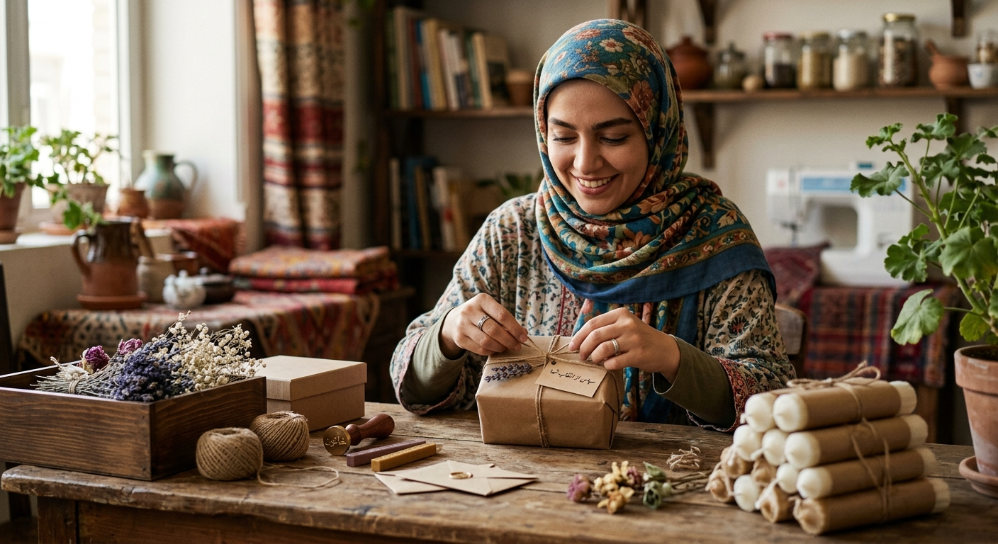 خانمی درحال بسته بندی و فروش شمع های دست ساز خود
